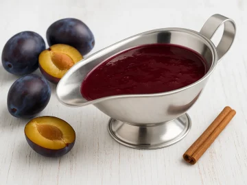 Pflaumensoße in glänzender Edelstahlsauciere, serviert auf weißem Holzhintergrund mit frischen Pflaumen und Gewürzen.