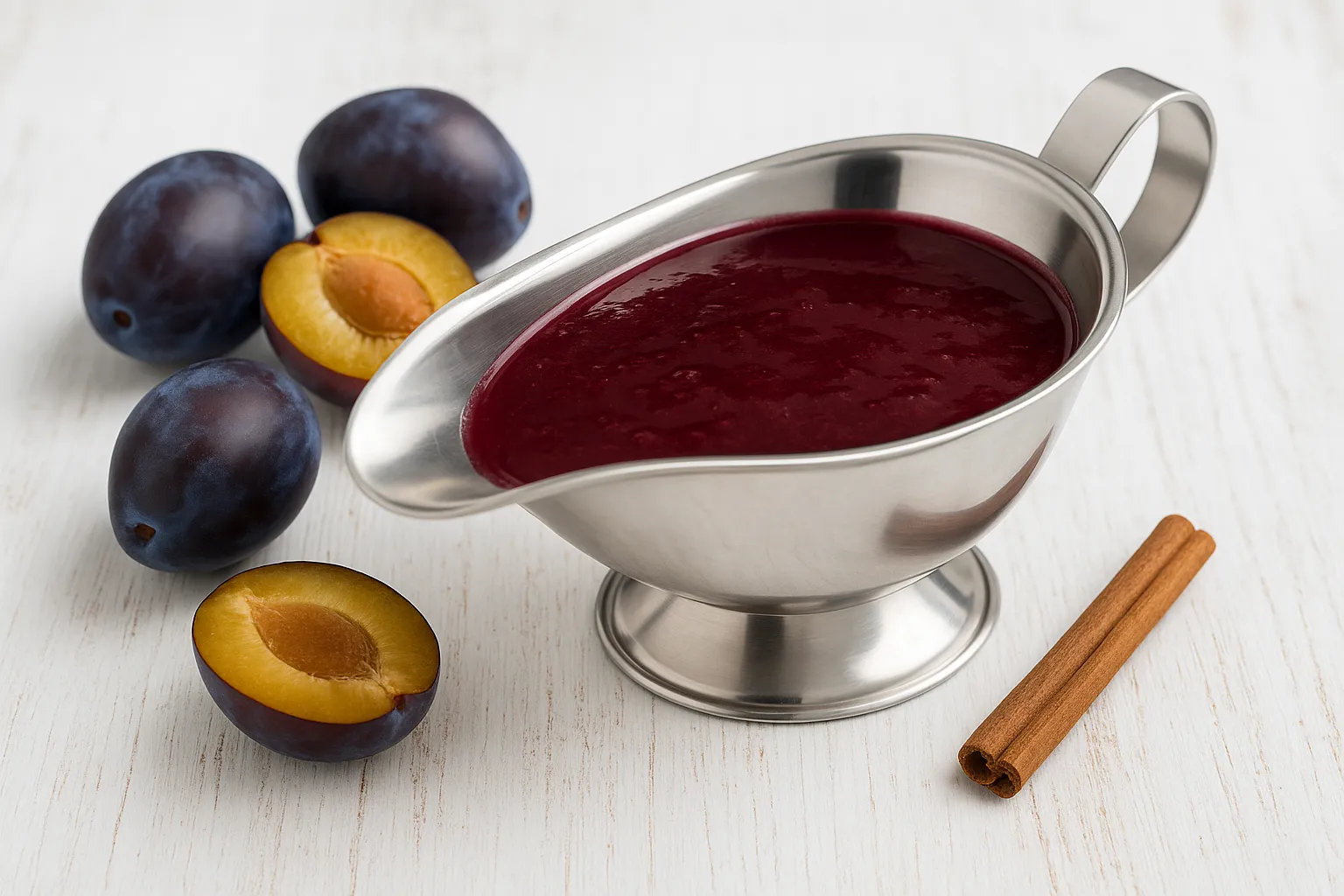 Pflaumensoße in glänzender Edelstahlsauciere, serviert auf weißem Holzhintergrund mit frischen Pflaumen und Gewürzen.