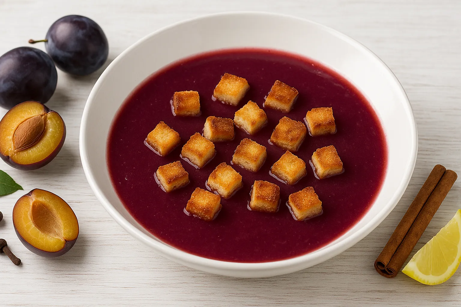 Tiefe Schüssel mit Pflaumensuppe, garniert mit goldbraunen Weißbrotwürfeln, daneben frische Pflaumen und Zimtstange