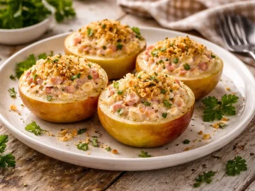 Gefüllte Apfelhälften mit Käse Schinken Füllung auf weißem Teller mit Kräutern und knusprigen Bröseln
