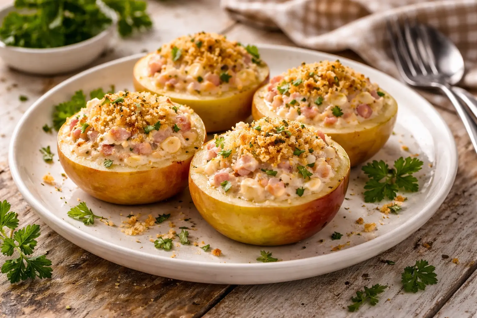 Gefüllte Apfelhälften mit Käse Schinken Füllung auf weißem Teller mit Kräutern und knusprigen Bröseln