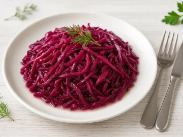Fein geraspelte Rotkohlrohkost mit Dill und heller Marinade auf weißem Teller, helles Holz, moderne Dekoration.