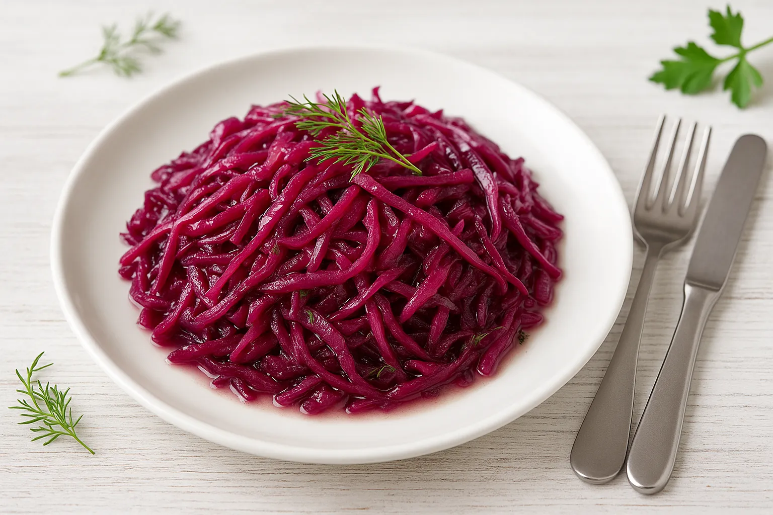 Fein geraspelte Rotkohlrohkost mit Dill und heller Marinade auf weißem Teller, helles Holz, moderne Dekoration.