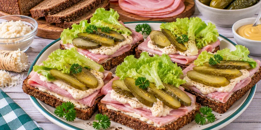 Schwarzbrotschnitten mit Schinken, Meerrettich und Gewürzgurken.