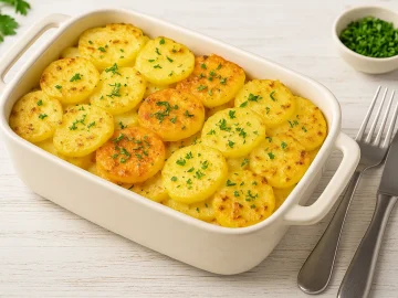 Auflaufform mit pikantem Kartoffelauflauf, geschichtet mit Tomatenmark, Käse und Kräutern