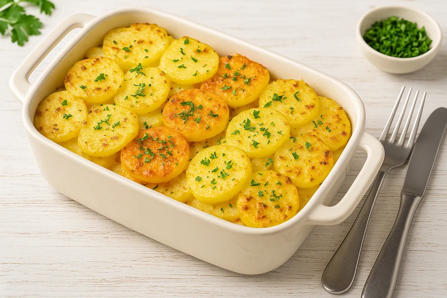 Auflaufform mit pikantem Kartoffelauflauf, geschichtet mit Tomatenmark, Käse und Kräutern