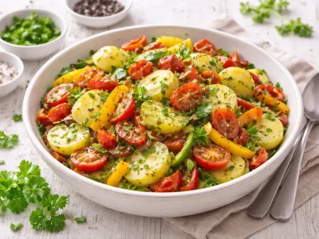 Kartoffelsalat mit Paprika, Tomaten und Petersilie in weißer rustikaler Schüssel auf hellem Holztisch