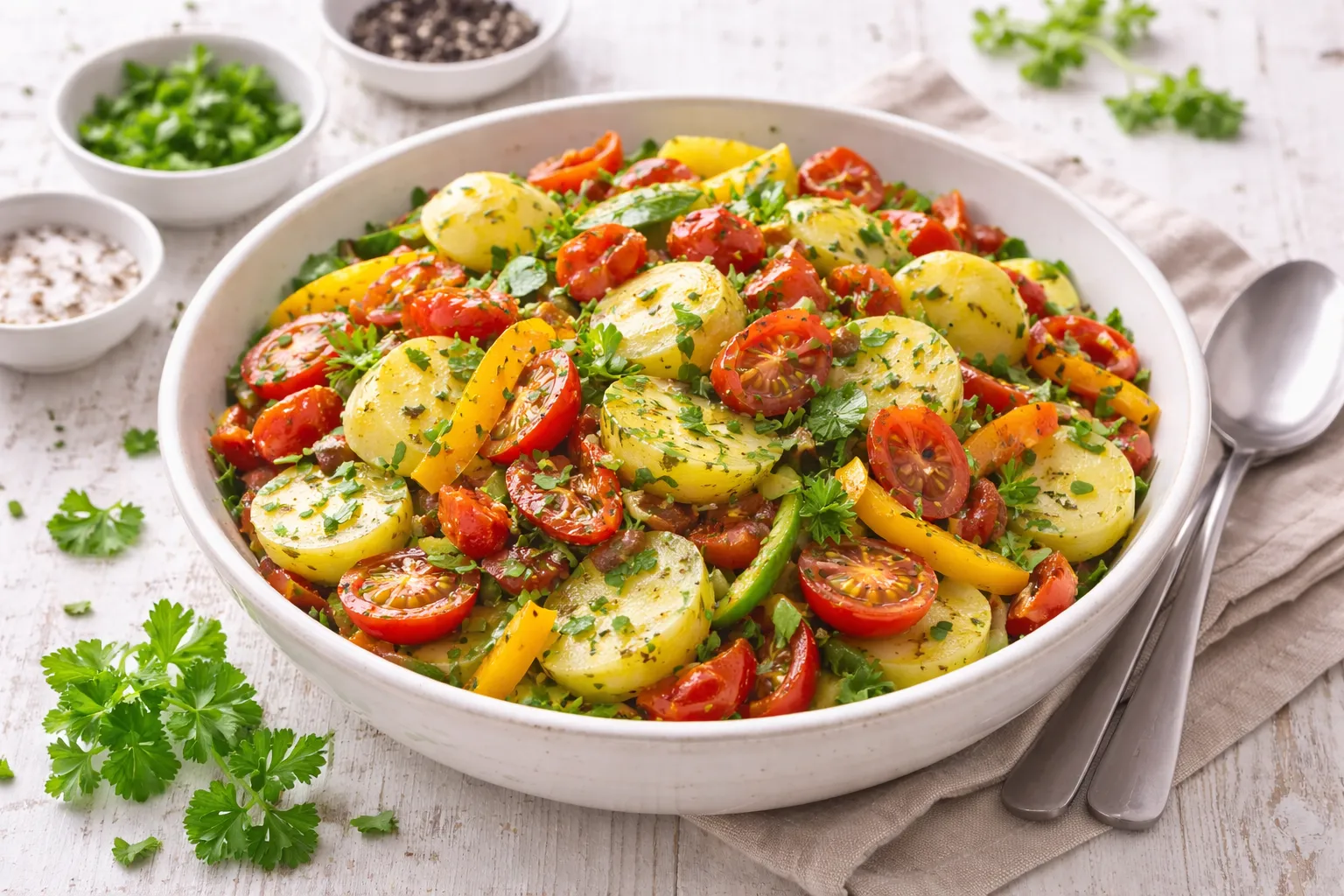 Kartoffelsalat mit Paprika, Tomaten und Petersilie in weißer rustikaler Schüssel auf hellem Holztisch