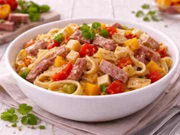 Weiße Schale mit pikantem Nudelsalat aus Bandnudeln, Wurststreifen, Paprika und Käse auf weißem Holzhintergrund