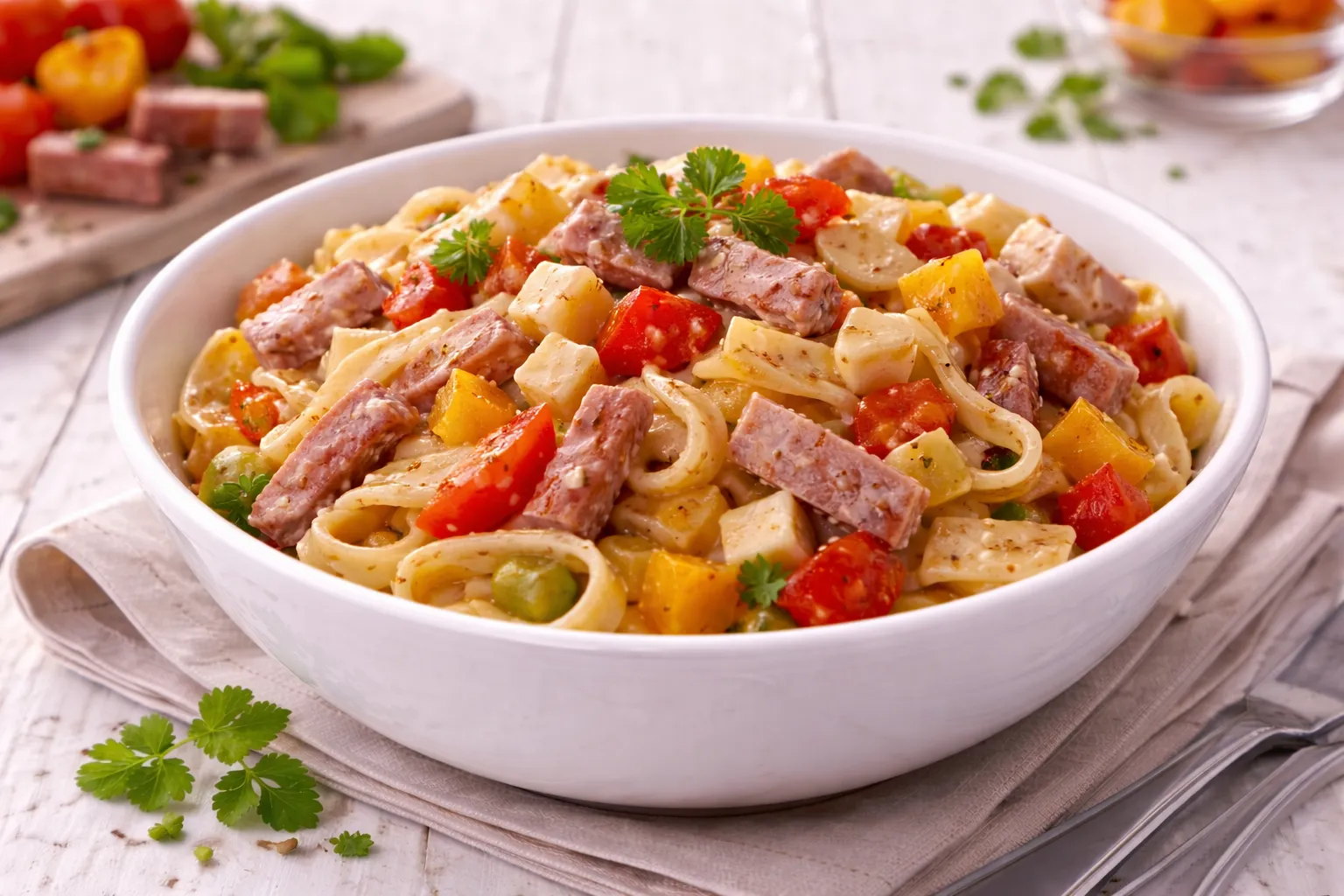 Weiße Schale mit pikantem Nudelsalat aus Bandnudeln, Wurststreifen, Paprika und Käse auf weißem Holzhintergrund