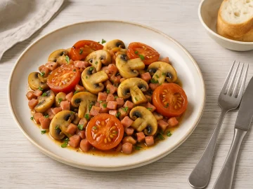 Pilze auf Toulouser Art mit Schinken und Tomaten in rustikalem Teller serviert