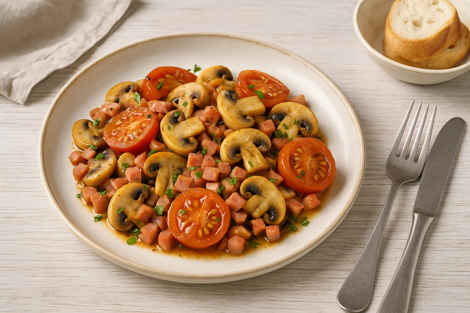 Pilze auf Toulouser Art mit Schinken und Tomaten in rustikalem Teller serviert