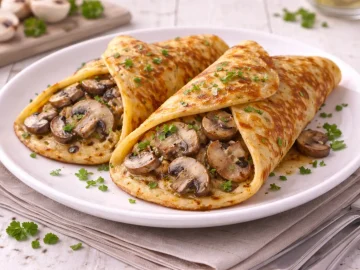 Weißer Teller mit Pilzeierkuchen, goldbraun gebratenem Eierkuchen und Pilzscheiben auf weißem Holzhintergrund