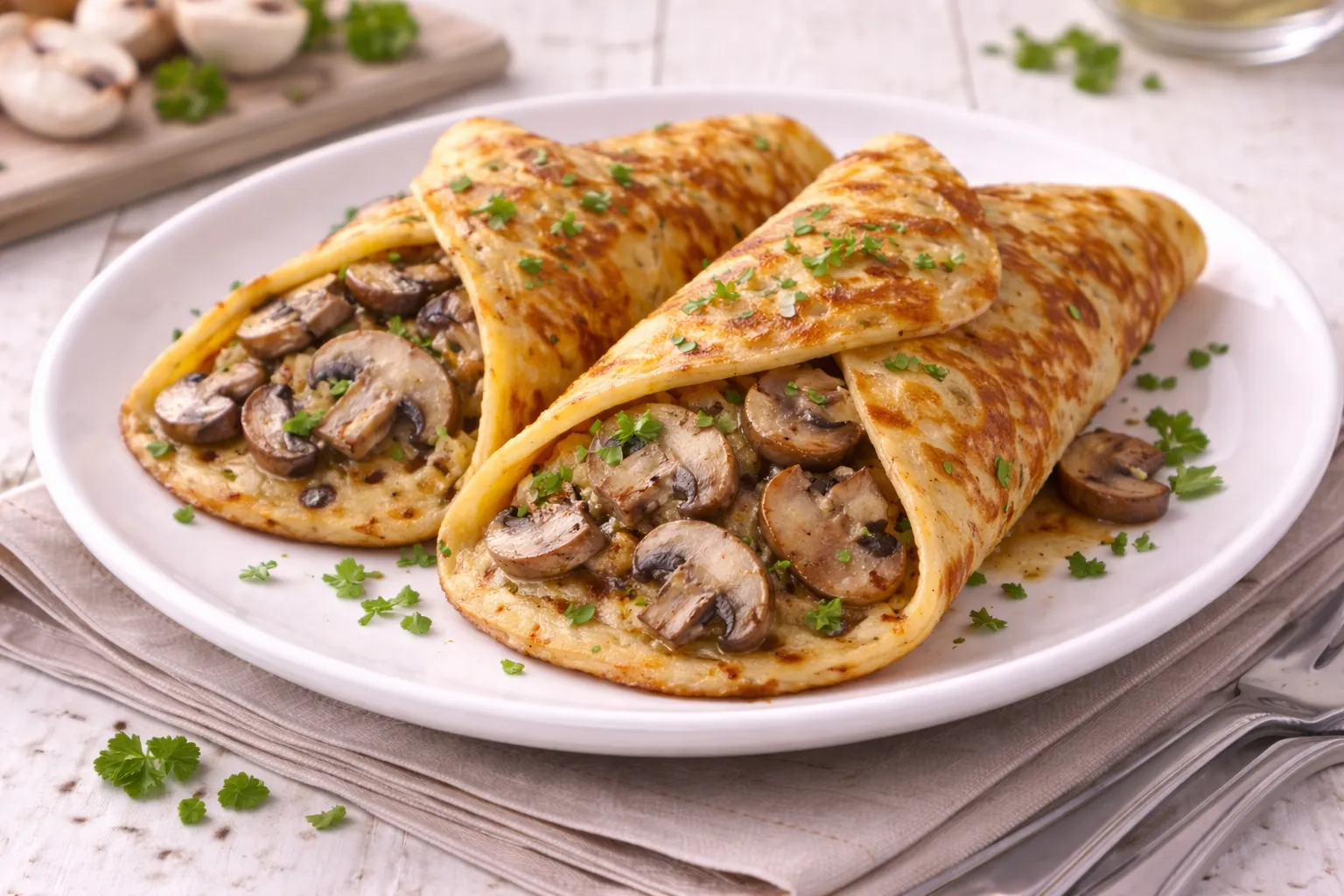 Weißer Teller mit Pilzeierkuchen, goldbraun gebratenem Eierkuchen und Pilzscheiben auf weißem Holzhintergrund