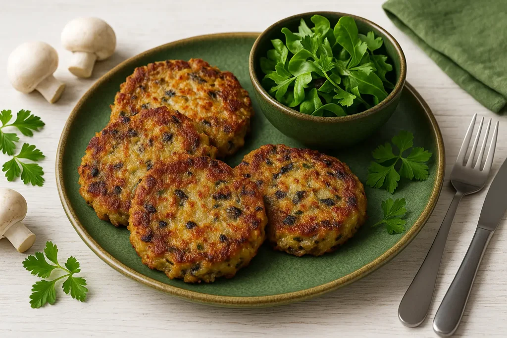 Drei knusprige Pilzpuffer aus Kartoffeln und Pilzen auf grünem Teller, dazu frischer Salat und Kräuter, serviert auf weißem Holztisch mit moderner Deko.