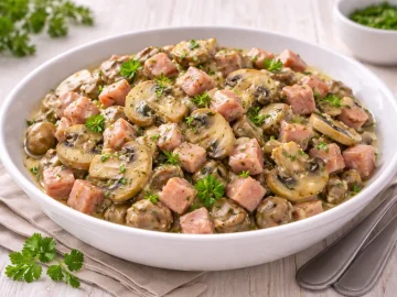 Pilzsalat mit Wurststücken in weißer Schüssel auf hellem Holztisch