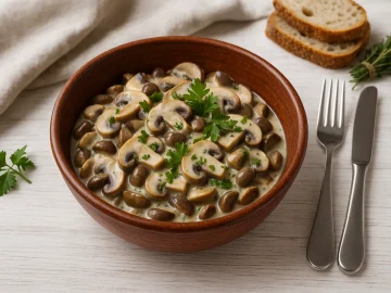 Schüssel aus rotem Steingut mit Pilzsalat aus Waldpilzen, dekoriert mit Petersilie, auf weißem Holzhintergrund mit Maserung.