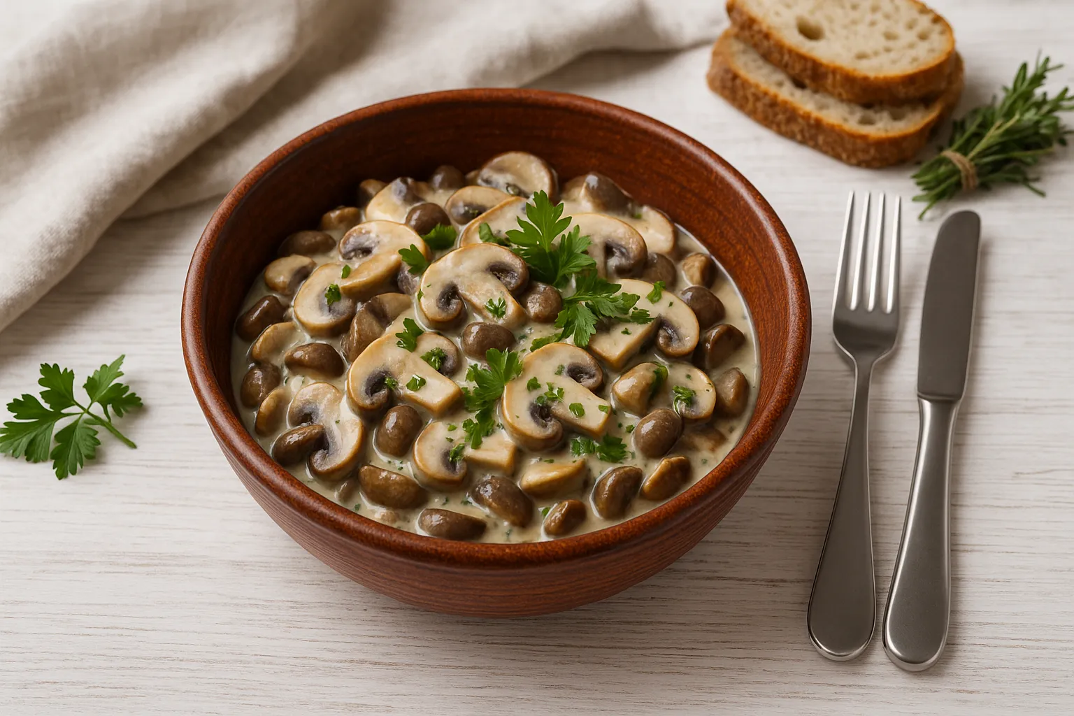 Schüssel aus rotem Steingut mit Pilzsalat aus Waldpilzen, dekoriert mit Petersilie, auf weißem Holzhintergrund mit Maserung.