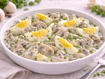 Pilzsalat mit Eiern und Joghurtsoße in weißer Schüssel auf hellem Holzhintergrund