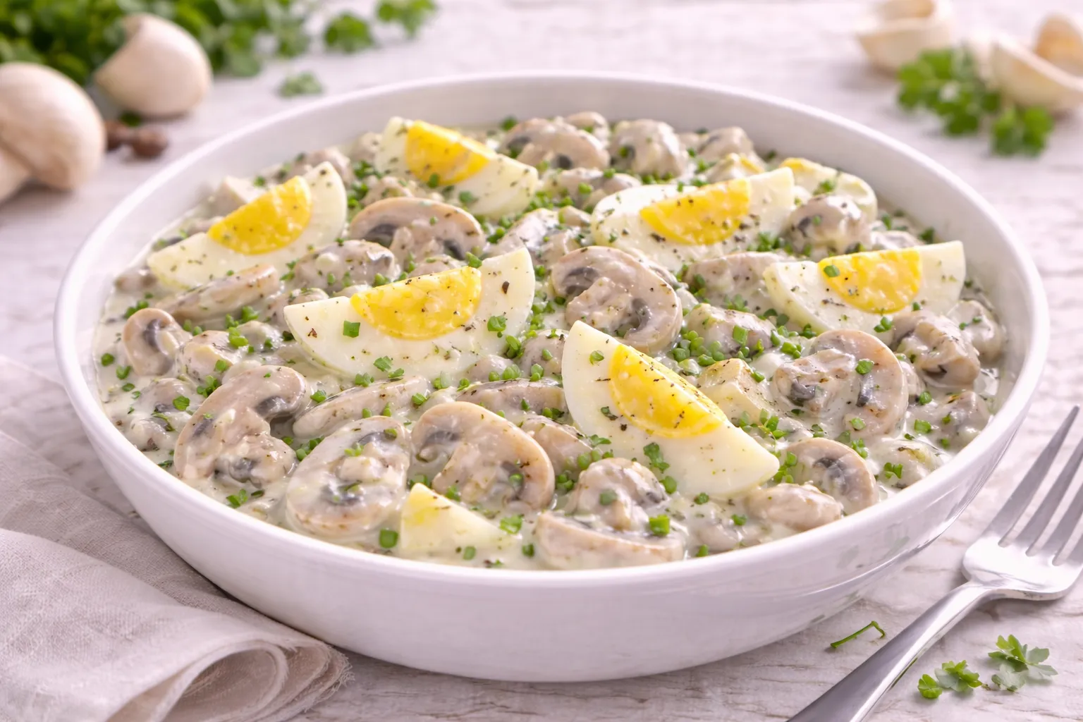 Pilzsalat mit Eiern und Joghurtsoße in weißer Schüssel auf hellem Holzhintergrund