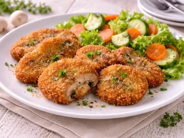 Panierte Pilzschnitzel mit Rohkostsalat auf weißem Teller serviert