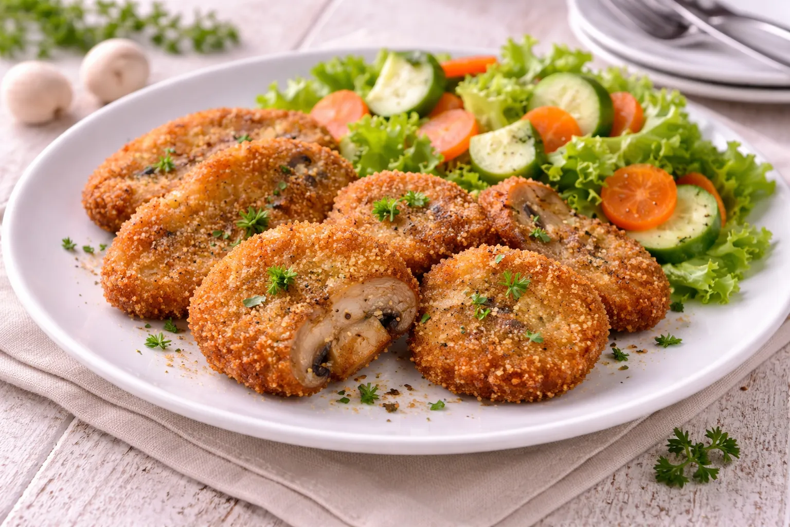 Panierte Pilzschnitzel mit Rohkostsalat auf weißem Teller serviert
