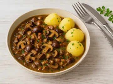 Pilzsuppentopf mit Kartoffeln, Speck, Zwiebeln und frischen Kräutern in rustikaler Servierschale auf hellem Holzhintergrund.