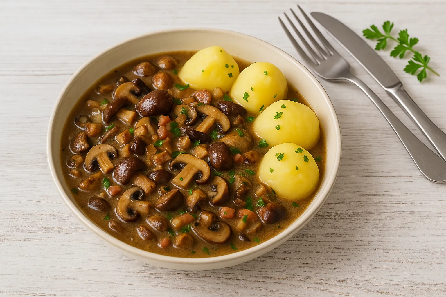 Pilzsuppentopf mit Kartoffeln, Speck, Zwiebeln und frischen Kräutern in rustikaler Servierschale auf hellem Holzhintergrund.
