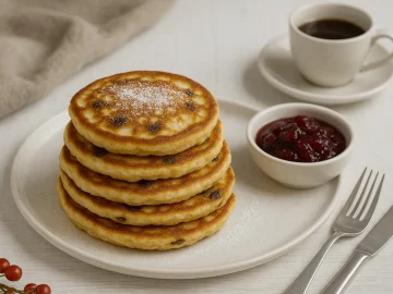 Gestapelte Plinsen auf weißem Teller, goldbraun gebacken, garniert mit Puderzucker und Kompott auf weißem Holzhintergrund.