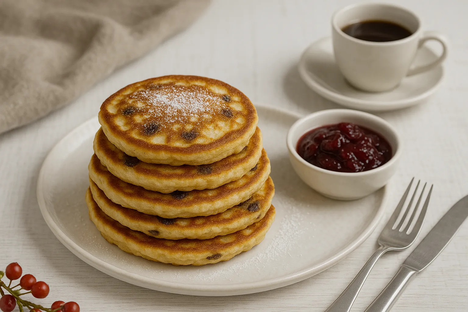 Gestapelte Plinsen auf weißem Teller, goldbraun gebacken, garniert mit Puderzucker und Kompott auf weißem Holzhintergrund.