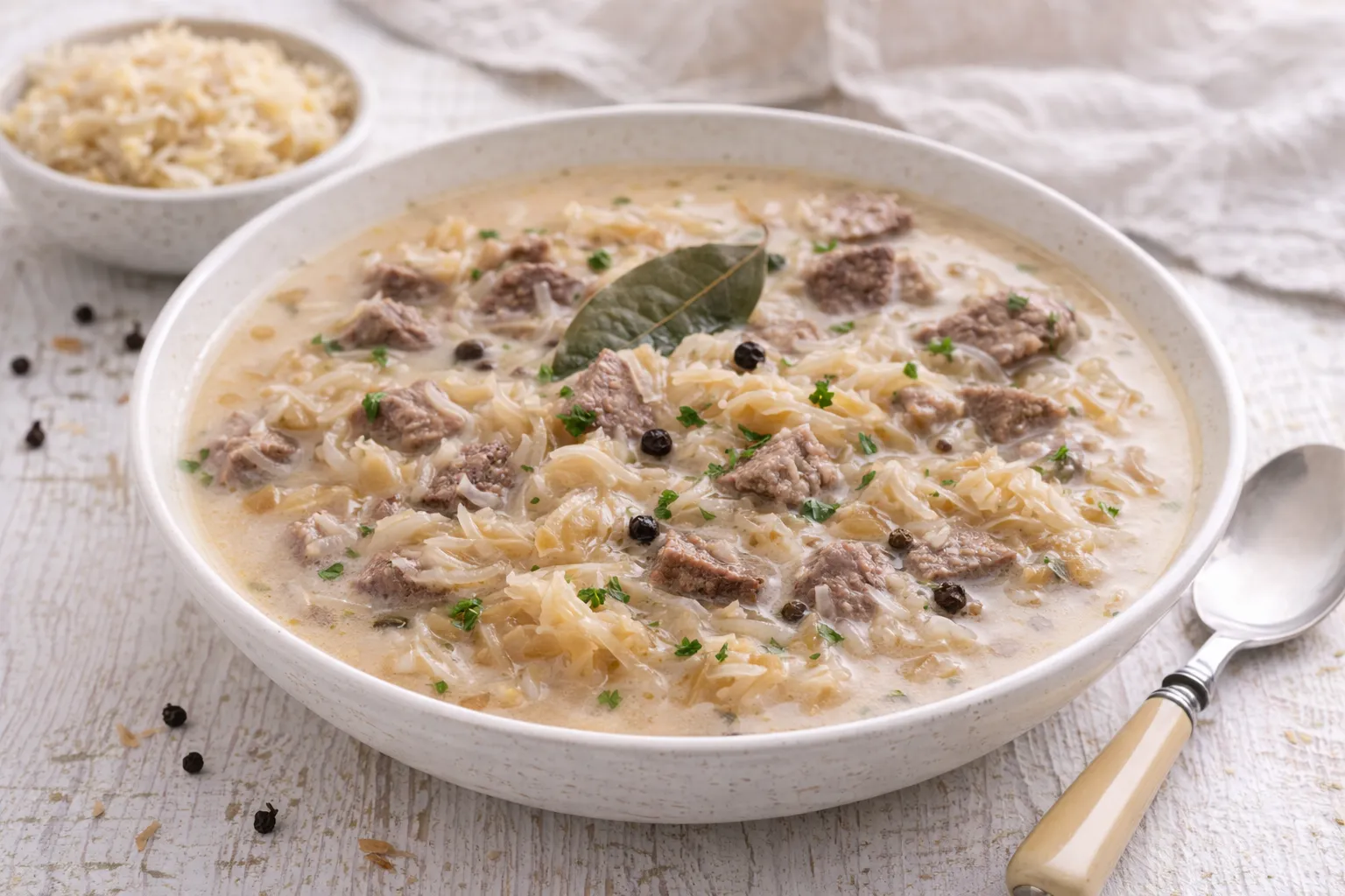 Polnische Krautsuppe mit Sauerkraut und Fleisch in cremiger Brühe in weißer Schüssel auf weißem Holzhintergrund
