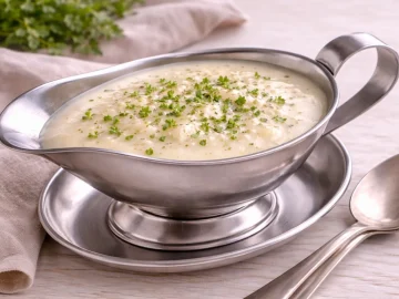 Polnische Meerrettichsoße in einer Edelstahl-Sauciere auf hellem Holztisch, cremige helle Soße mit Kräutern.