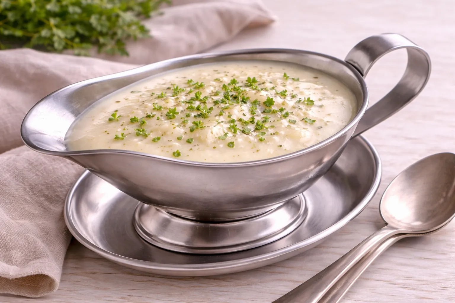Polnische Meerrettichsoße in einer Edelstahl-Sauciere auf hellem Holztisch, cremige helle Soße mit Kräutern.