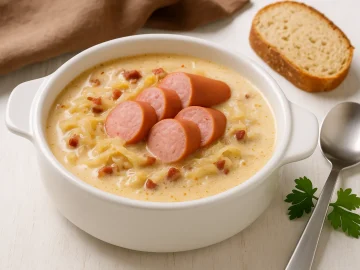 Polnische Sauerkrautsuppe mit Sauerkraut, Speck, Zwiebeln, saurer Sahne und Würstchen in einer Suppenschale