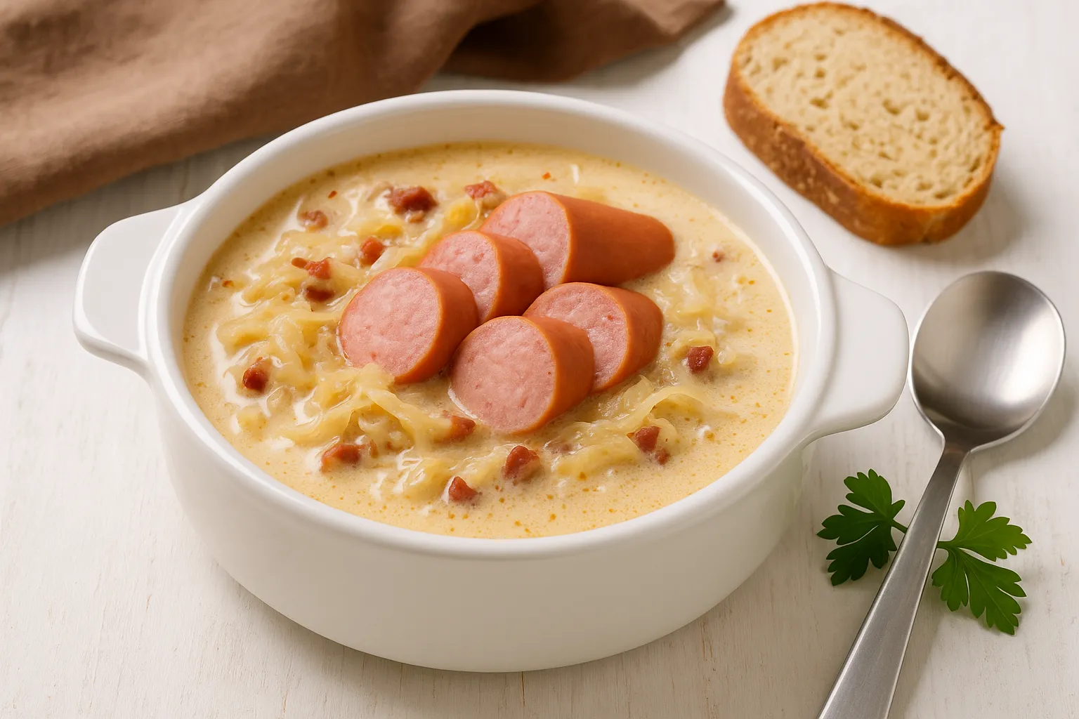 Polnische Sauerkrautsuppe mit Sauerkraut, Speck, Zwiebeln, saurer Sahne und Würstchen in einer Suppenschale