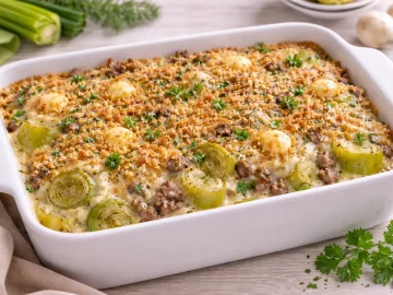 Porree-Auflauf mit Hackfleisch und Käsekruste in weißer Auflaufform auf hellem Holztisch