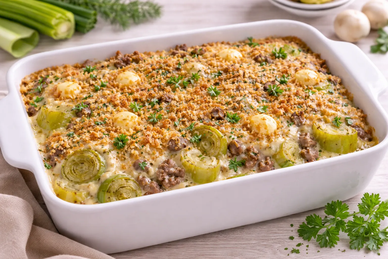 Porree-Auflauf mit Hackfleisch und Käsekruste in weißer Auflaufform auf hellem Holztisch