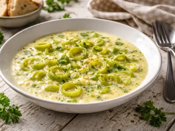 Cremige Porree-Käse-Suppe in weißem tiefen Teller auf rustikalem Holztisch mit Kräutern und Besteck