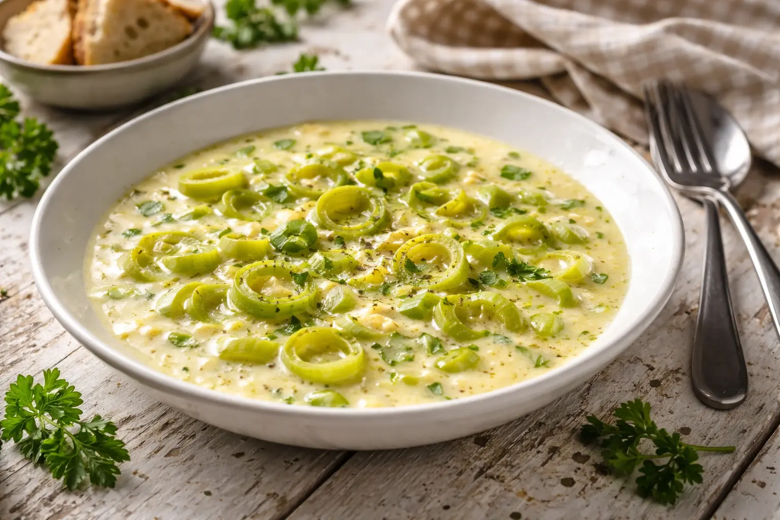 Cremige Porree-Käse-Suppe in weißem tiefen Teller auf rustikalem Holztisch mit Kräutern und Besteck