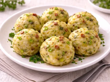 Kartoffelklöße mit Porree und Speck auf weißem Teller auf hellem Holztisch