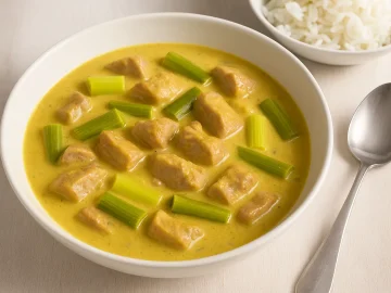 Porreeragout indisch mit Porree, Schweinefleisch und Curry in cremiger Sauce, serviert in weißer Schale auf weißem Holztisch mit Reis und Löffel