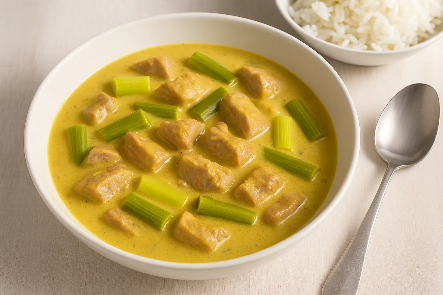Porreeragout indisch mit Porree, Schweinefleisch und Curry in cremiger Sauce, serviert in weißer Schale auf weißem Holztisch mit Reis und Löffel