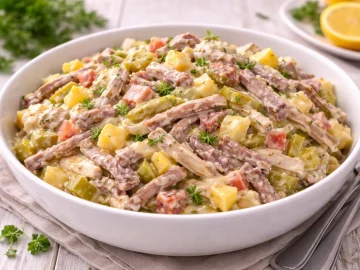 Prager Salat mit Fleischstreifen, Gurken und Apfel in cremiger Mayonnaise in weißer Schüssel