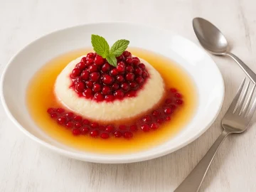 Preiselbeerkaltschale mit Grießbrei, Preiselbeeren und Apfelsaft in einem weißen Suppenteller serviert