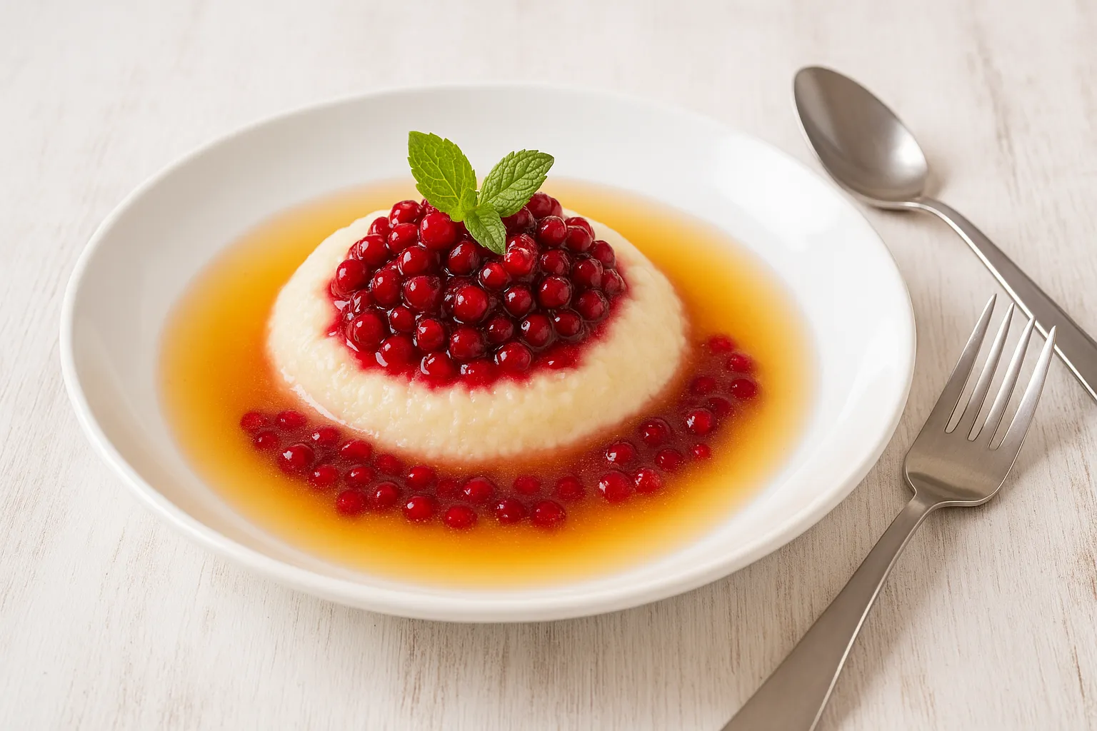 Preiselbeerkaltschale mit Grießbrei, Preiselbeeren und Apfelsaft in einem weißen Suppenteller serviert