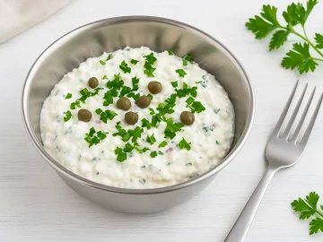 Quark mit Kapern, Zwiebeln und Petersilie in einer Edelstahlschüssel auf weißem Holzhintergrund