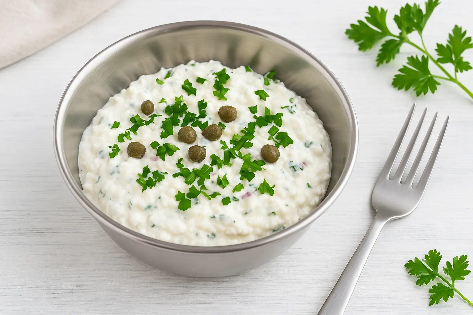 Quark mit Kapern, Zwiebeln und Petersilie in einer Edelstahlschüssel auf weißem Holzhintergrund