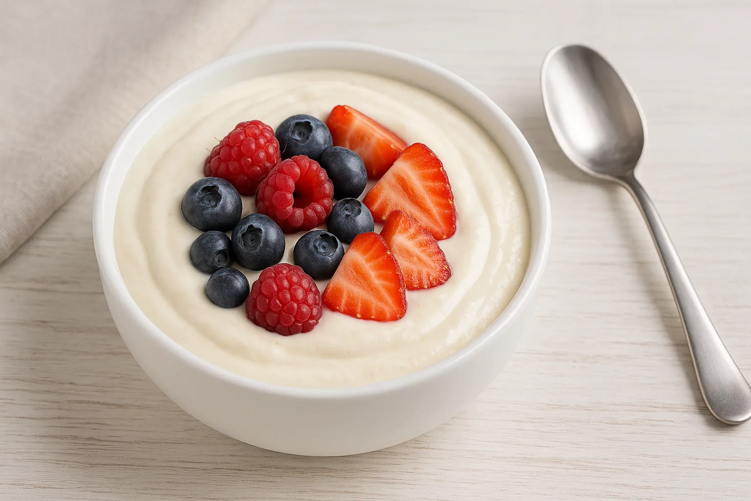 Quark-Vanille-Soße mit Quark, Vanille und Beeren in einer weißen Schale serviert