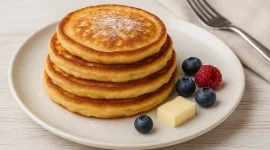 Goldbraune Quarkeierkuchen gestapelt auf weißem Teller mit etwas Puderzucker und Beeren, auf hellem Holzhintergrund.