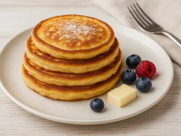Goldbraune Quarkeierkuchen gestapelt auf weißem Teller mit etwas Puderzucker und Beeren, auf hellem Holzhintergrund.